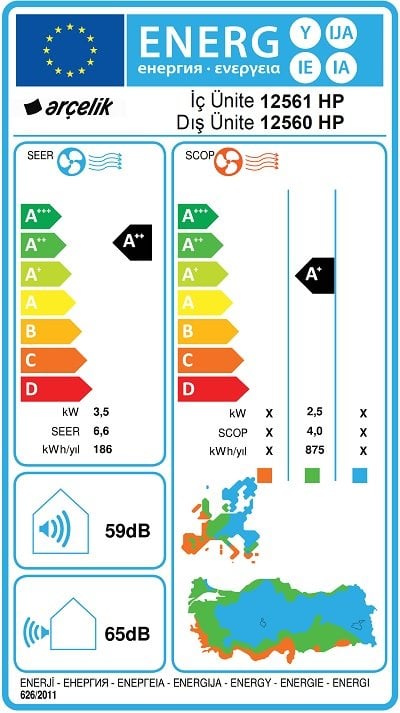 Arçelik 12560 HP Wifi Ultra Hijyen Plus Prosmart 12000 BTU A++ Inverter Duvar Tipi Klima Teknik Verileri