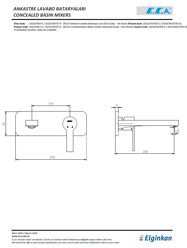 Eca Delta Ankastre Lavabo Bataryası Sıva Üstü Grubu 102167607-K Teknik Resim