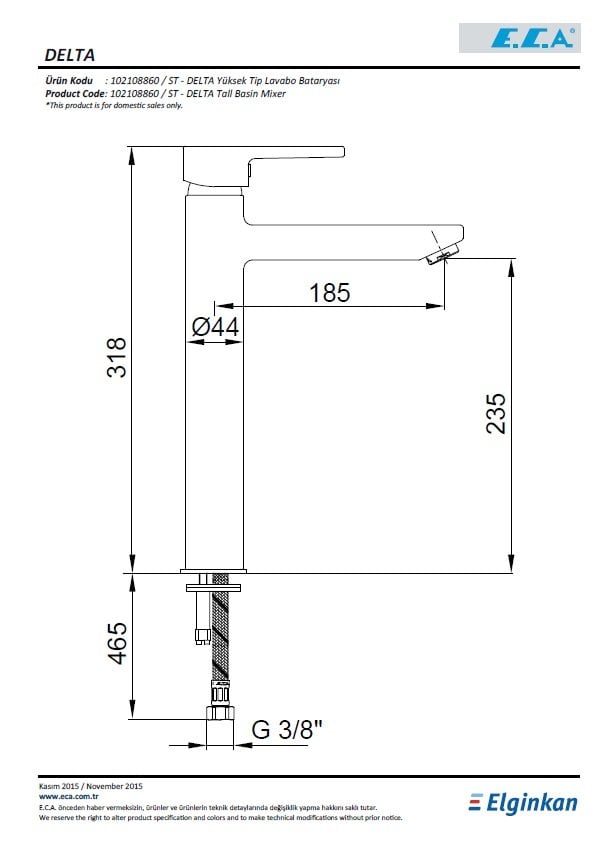 Eca Delta Yüksek Tip Lavabo Bataryası 102108860 Teknik Resim