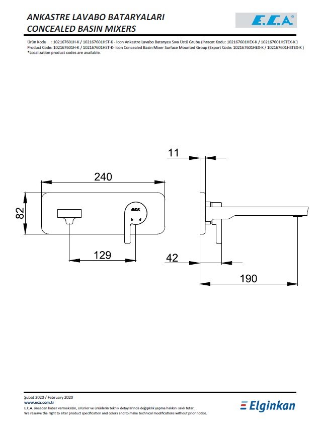 Eca Icon Ankastre Lavabo Bataryası Sıva Üstü Grubu 102167601H-K Teknik Resim