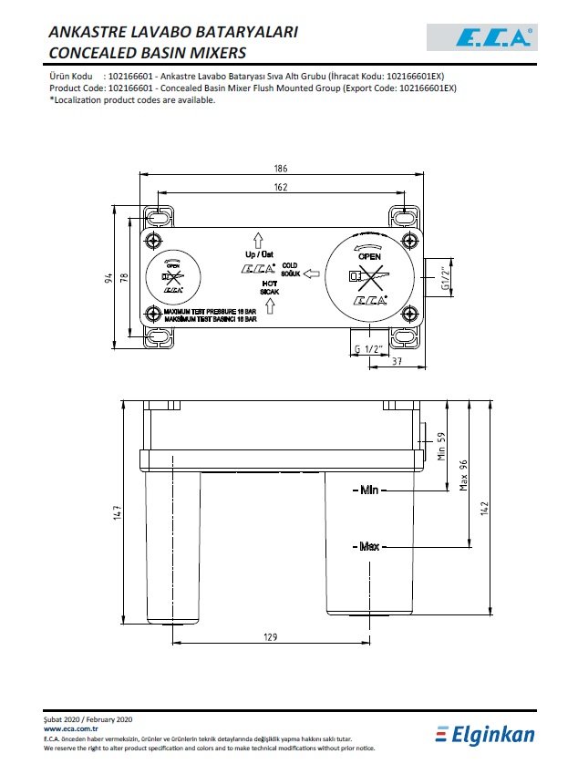 Eca Ankastre Lavabo Bataryası Sıva Altı Grubu 102166601 Teknik Resim