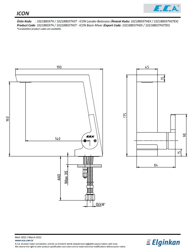 Eca Icon Lavabo Bataryası 102188037H Teknik Resim