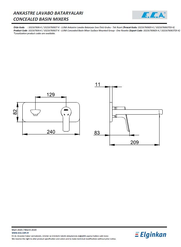 Eca Luna Ankastre Lavabo Bataryası Sıva Üstü Grubu 102167606-K Teknik Resim