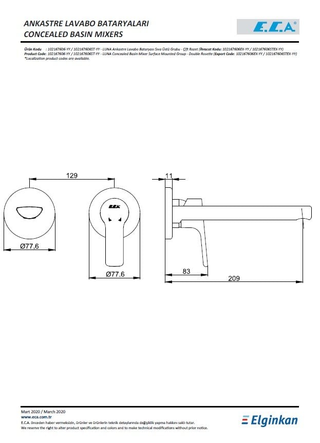 Eca Luna Ankastre Lavabo Bataryası Sıva Üstü Grubu 102167606-YY Teknik Resim