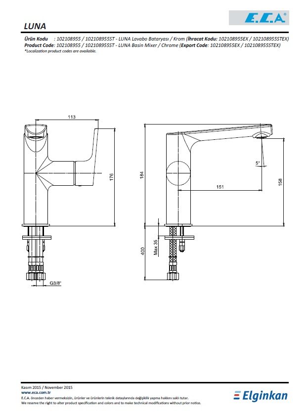 Eca Luna Lavabo Bataryası 102108955 Teknik Resim