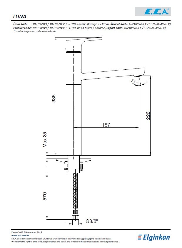 Eca Luna Yüksek Tip Lavabo Bataryası 102108949 Teknik Resim