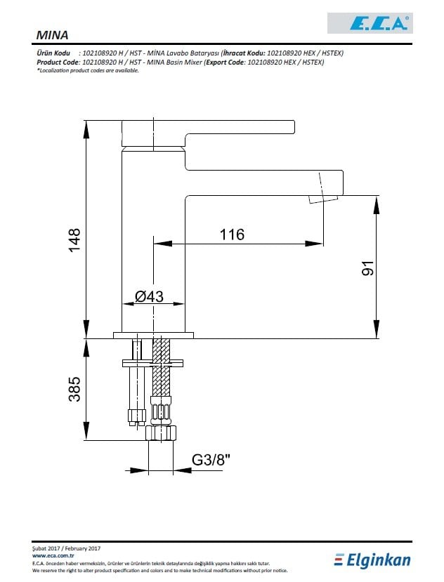 Eca Mina Lavabo Bataryası 102108920H Teknik Resim