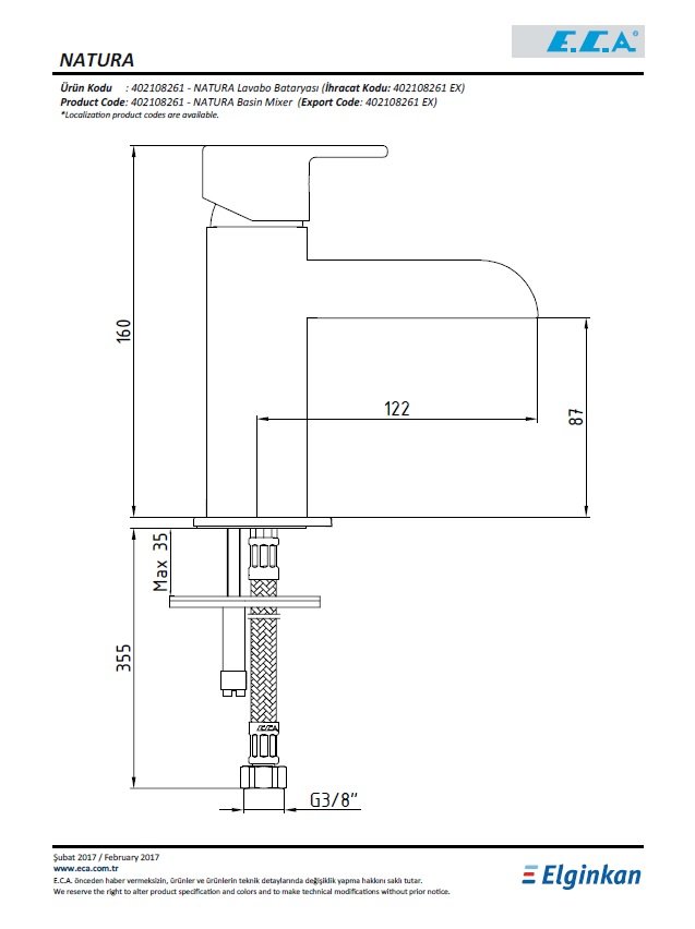 Eca Natura Lavabo Bataryası 402108261 Teknik Resim