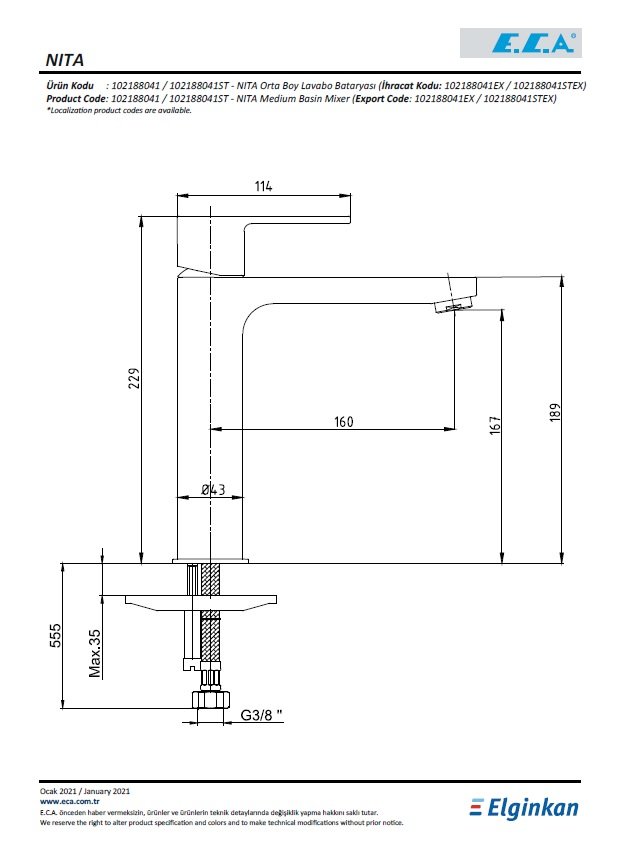 Eca Nita Orta Boy Lavabo Bataryası 102188041 Teknik Resimler