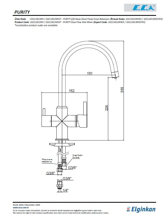 Eca Purity Çift Akışlı Mutfak Bataryası 102118139H Teknik Resim