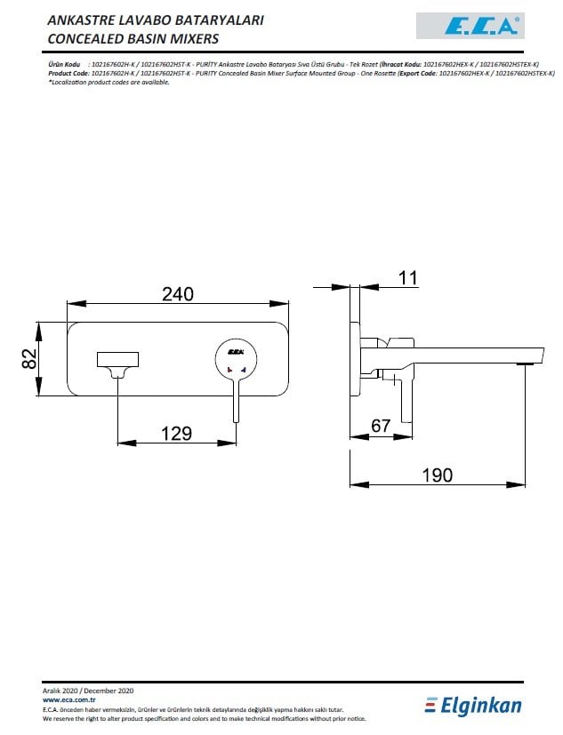 Eca Purity Ankastre Lavabo Bataryası Sıva Ütsü Grubu 102167602H-K Teknik Resim