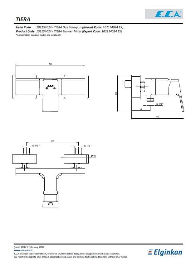 Eca Tiera Duş Bataryası 102154024 Teknik Resim