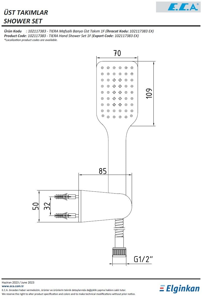 Eca Tiera Mafsallı Banyo Üst Takım 102117383 Teknik Resim