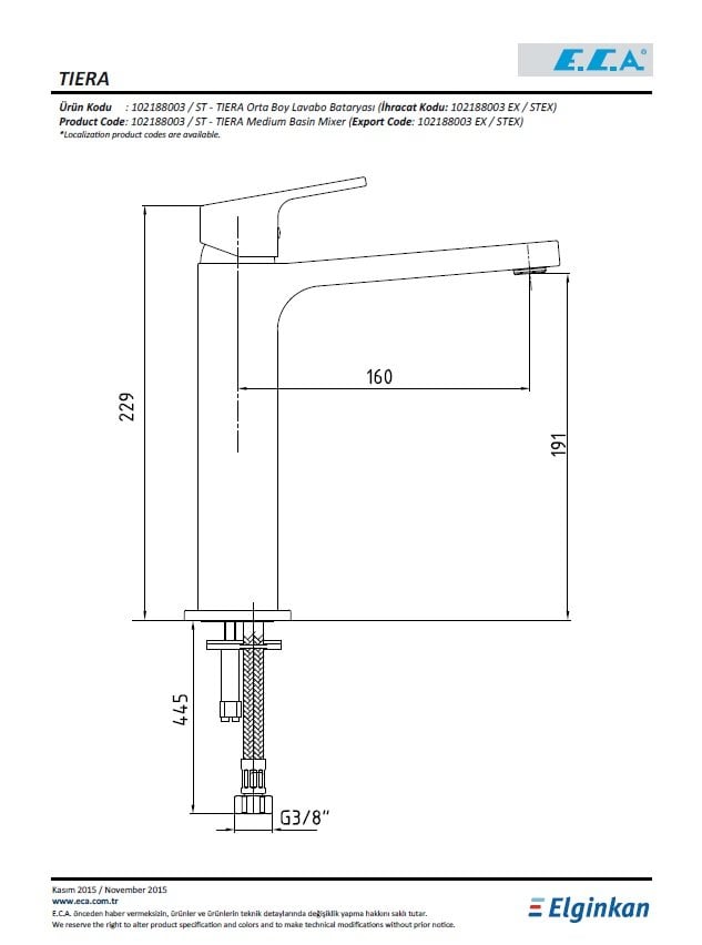 Eca Tiera Orta Boy Lavabo Bataryası 102188003 Teknik Resim