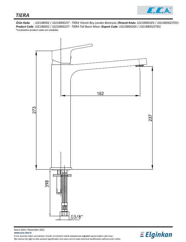 Eca Tiera Yüksek Tip Lavabo Bataryası 102188002 Teknik Resim